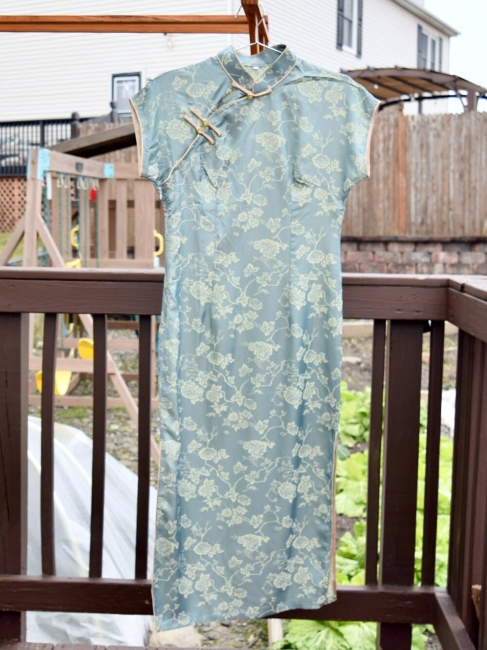 Blue Beige Flora Qipao Satin Long Dress - Chinese Traditional Cheongsam